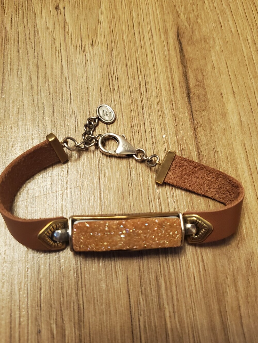 Silpada Sterling Silver 925 Gold Brush Druzy Blush Brown Leather Bracelet